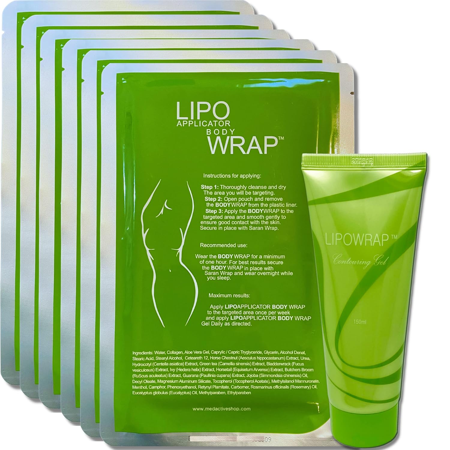 Lipo Applicator Body Wrap With Guarana, Green Tea, and Seaweed Wraps Works for Stomach Belly Legs Arms Abdomen. 6 Wraps + Gel. GTN 00850048680517 - Medactiveshop